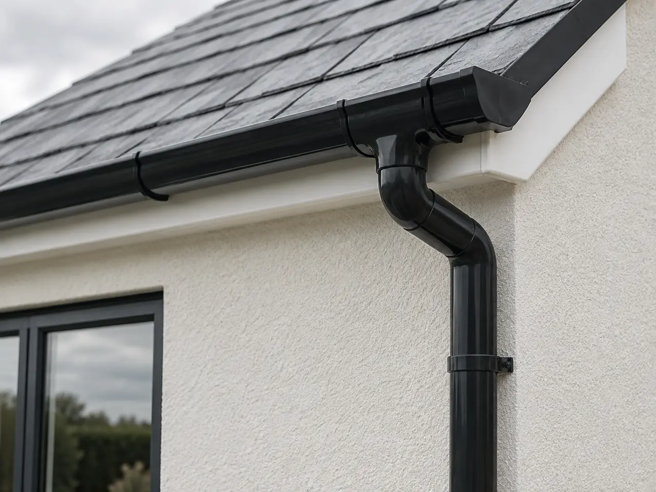 uPVC downpipe and bend on a rendered house